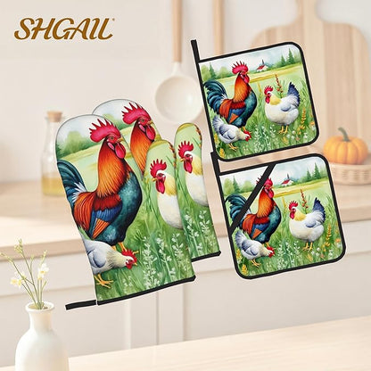 Oven Mitts and Hot Pads Set - Farmhouse Rooster Design, Heat Resistant Cute Pot Holders for Kitchen, Baking Gifts for Women