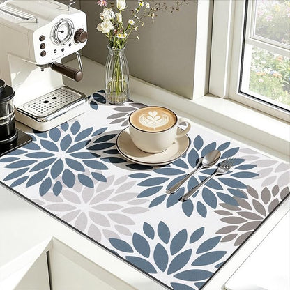 Findosom Floral Dish Drying Mat, 12" x 20" Super Absorbent & Hide Stain Coffee Mat, Cuttable Drying Mat for Kitchen Counter, Under Dish Rack, Coffee Maker, Espresso Machine, Blue