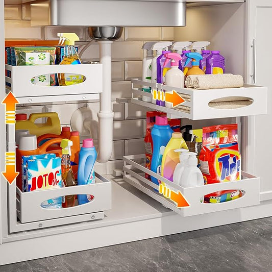 Under Sink Organizer, 2 Tier Under Sink Organizers and Storage, Adjustable Height, Slide out Metal Cabinet Organizers, Pull out Cabinet Storage Drawer Shelf for Kitchen Bathroom (White, 2 Pack) by MIXESHOP