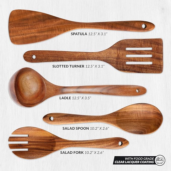 Zulay Kitchen Extra-Large 5-Piece Wooden Spoon Set - Smooth Teak Cooking Utensils - Comfort-Grip Non-Stick Turner, Spatula, Skimmer, Fork, Serving Spoon - Image 4