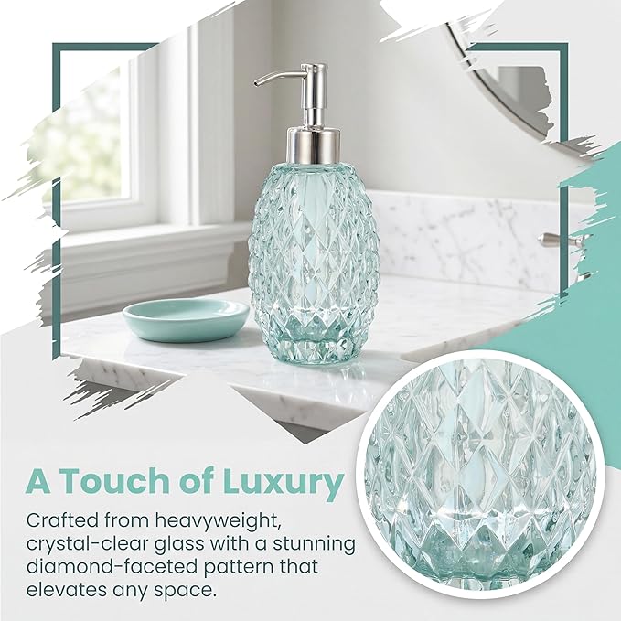 MALACHI Soap Dispenser Set, Crystal-Textured Diamond Glass with Rustproof Stainless Steel Pump, Dual-Labelled Hand & Dish Soap Dispenser for Kitchen & Bathroom