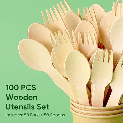 Disposable Wooden Utensils Set, Compostable Utensils, Disposable Cutlery Eco-Friendly Silverware Set for Parties, Catering, Office Lunches-100 PCS (50 Forks, 50 Spoons)