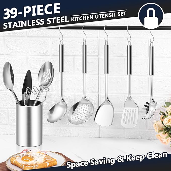 E-far Stainless Steel Kitchen Utensils Set, 39-Piece Cooking Utensils Set with Holder, Non-toxic Metal Heat Resistant Kitchen Gadgets Cookware Tool Spatula Set for Cooking, Dishwasher Safe - Image 6