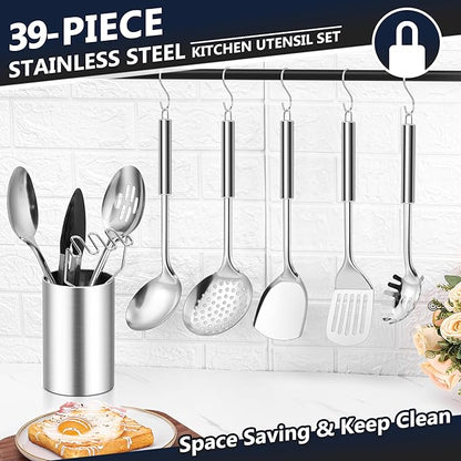 E-far Stainless Steel Kitchen Utensils Set, 39-Piece Cooking Utensils Set with Holder, Non-toxic Metal Heat Resistant Kitchen Gadgets Cookware Tool Spatula Set for Cooking, Dishwasher Safe - Image 6