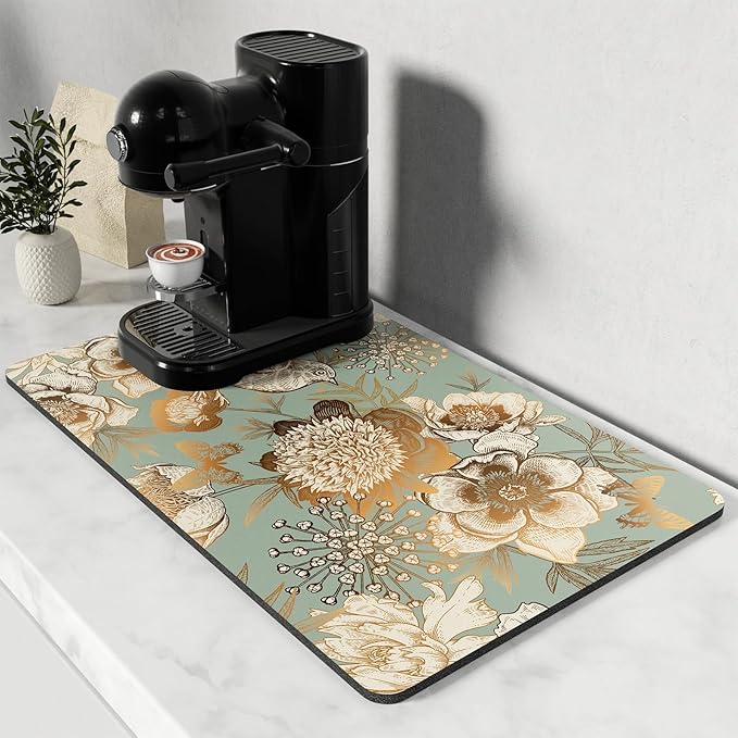 Rnivvi Coffee Mat, 12" x 19" Cute Coffee Bar Mats for Espresso Machine Station Accessories and Organizer, Hide Stain Rubber Backed Absorbent Dish Drying Pad for Kitchen Counter, Retro Flower by Rnivvi
