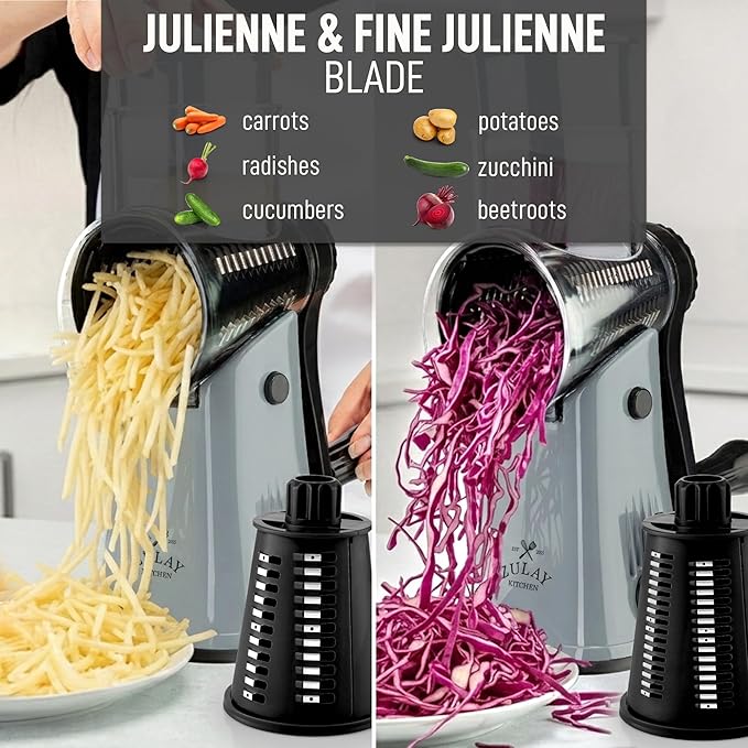 Zulay Kitchen Rotary Cheese Grater 5 Blade Cheese Shredder - Manual Hand Crank Cheese Grater With Reinforced Suction & 5 Interchangeable Drums - Easy to Use, Vegetable Chopper Round Mandoline Slicer - Image 6