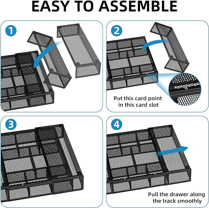 Marbrasse Expandable Desk Drawer Organizer, Mesh Drawer Organizer Tray with 10 Adjustable Compartments, Desk Organizers and Accessories for Office Supplies, Makeup & Vanity (Expandable Black-2 pack) - Image 7