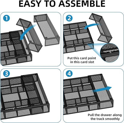 Marbrasse Expandable Desk Drawer Organizer, Mesh Drawer Organizer Tray with 10 Adjustable Compartments, Desk Organizers and Accessories for Office Supplies, Makeup & Vanity (Expandable Black-2 pack) - Image 7