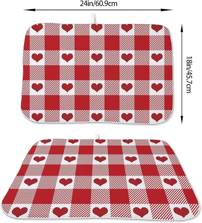 Happy Valentines Day Dish Drying Mat 18 x 24 inch Red Checkered Love Hearts Decorative Drying Mats Microfiber Absorbent Valentine Dish Washable Draining Mat for Kitchen Counter Decor