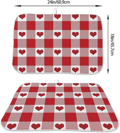 Happy Valentines Day Dish Drying Mat 18 x 24 inch Red Checkered Love Hearts Decorative Drying Mats Microfiber Absorbent Valentine Dish Washable Draining Mat for Kitchen Counter Decor