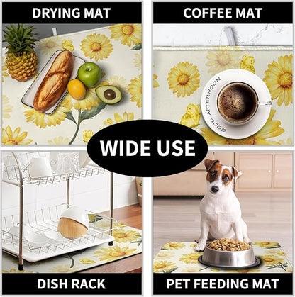 Yellow Sunflower Dish Drying Mat for Kitchen Counter Summer Daisy Floral Dishes Pad Farmhouse Flower Dish Draining Microfiber Absorbent Dish Drainer Rack Mat Large 16x18 Inch - Image 7