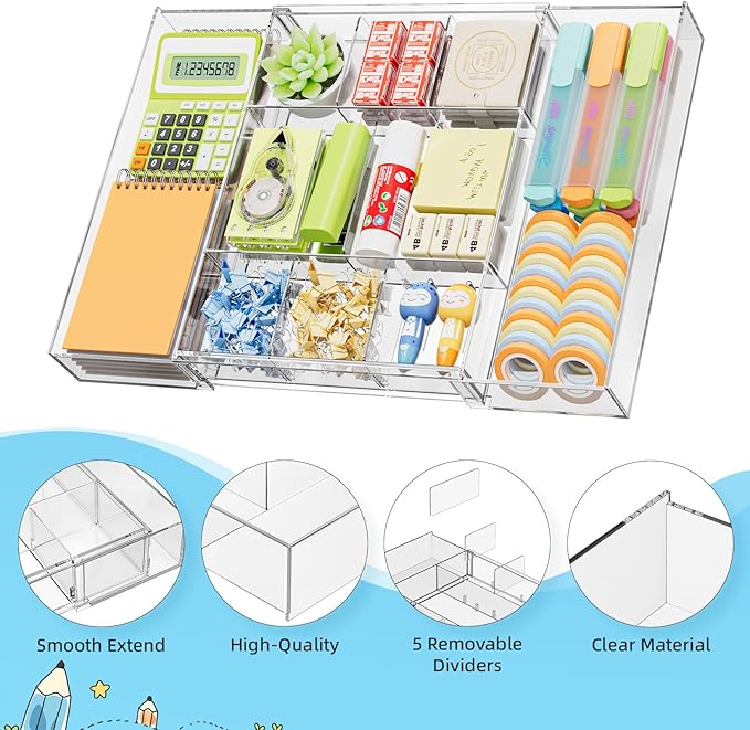 Marbrasse Expandable Desk Drawer Organizer, Clear Plastic Drawer Organizer Tray with 10 Adjustable Compartments, Desk Organizers and Accessories, 5 Drawer Dividers for Office Supplies, Makeup(Clear) - Image 7
