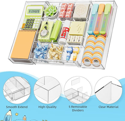 Marbrasse Expandable Desk Drawer Organizer, Clear Plastic Drawer Organizer Tray with 10 Adjustable Compartments, Desk Organizers and Accessories, 5 Drawer Dividers for Office Supplies, Makeup(Clear) - Image 7