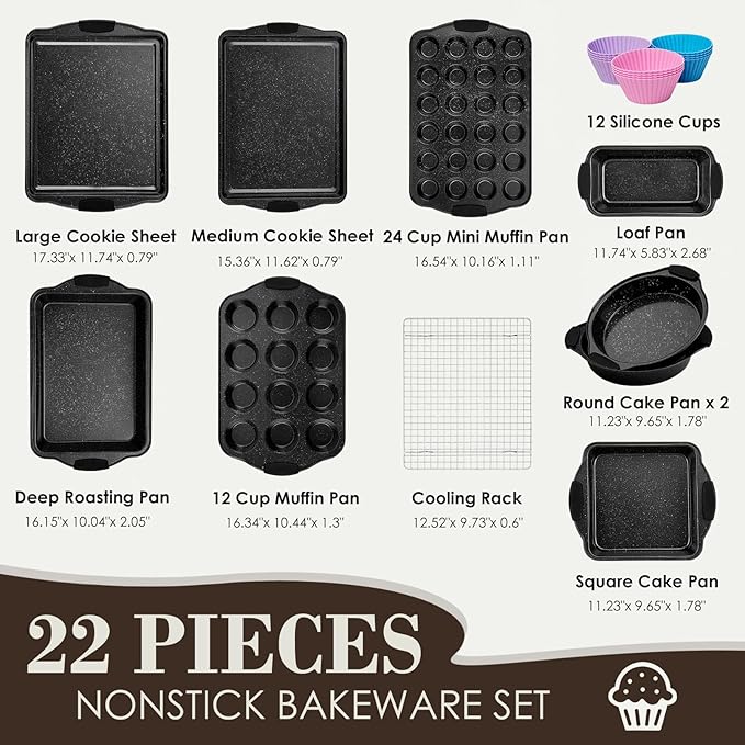 Baking Pans Set Nonstick, Bakeware Sets Stackable with Silicone Handles, AIVIKI 22 Pieces Oven Pan for Cooking Including Baking Cookie Sheet with Rack, Roast Pan, Cake Pan, Loaf Pan, Muffin Pan, Black - Image 2