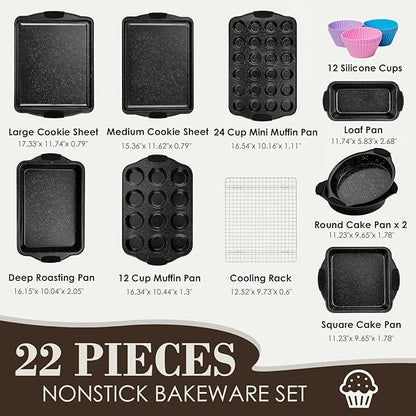 Baking Pans Set Nonstick, Bakeware Sets Stackable with Silicone Handles, AIVIKI 22 Pieces Oven Pan for Cooking Including Baking Cookie Sheet with Rack, Roast Pan, Cake Pan, Loaf Pan, Muffin Pan, Black - Image 2