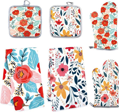 6 Pcs Kitchen Stuff, Wild Floral Kitchen Oven Mitts, Pot Holders Sets with Microfiber Kitchen Towels,Kitchen Accessories, Gifts for Women