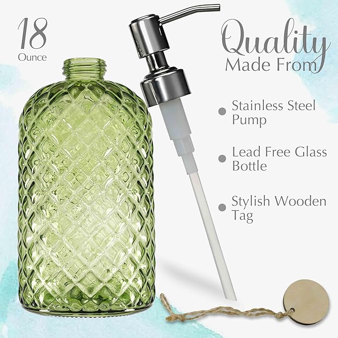 JASAI 18Oz Tea Green Soap Dispenser with Rust Proof Pump, Refillable Glass Soap Dispenser for Bathroom & Kitchen to Dispense Dish Soap, Hand soap, Lotion. - Image 2