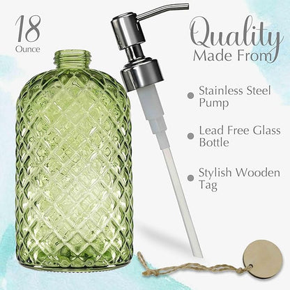 JASAI 18Oz Tea Green Soap Dispenser with Rust Proof Pump, Refillable Glass Soap Dispenser for Bathroom & Kitchen to Dispense Dish Soap, Hand soap, Lotion. - Image 2