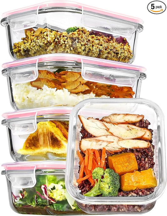 Vtopmart 5Pack 22oz Glass Storage Containers with Lids, Glass Meal Prep Food Container Sets with Snap Airtight Lids for Microwave, Oven, Freezer and Dishwasher, Pink by Vtopmart