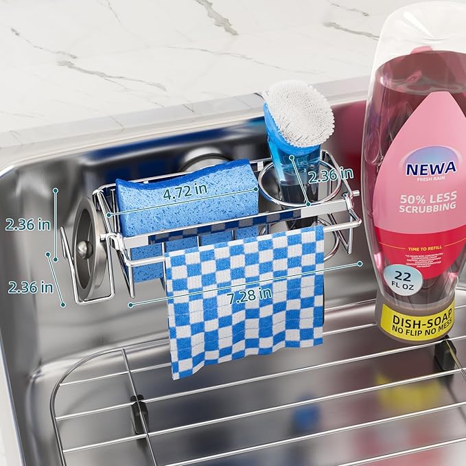 TAILI 4-in-1 Sink Caddy with Strong Suction Cup, Sponge Holder for Kitchen Sink Organizer, Removable, Rustproof, Stainless Steel Holder for Sponge, Brush, Scrubber, Scraper - Silver - Image 3