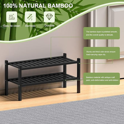 ROMGUAR CRAFT 2 Tier (Thick) Bamboo Shoe Rack for Closet Free Standing Wood Shoe Shelf for Entryway Small Space Stackable 27"x12"x14" (Black) - Image 6