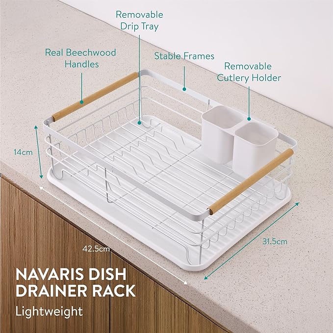 Navaris Dish Drainer Rack - Plate, Silverware, Pots and Pans - Dish Rack with Beechwood Handles - Metal Dish Drying Rack for Kitchen Counter - Modern Retro Design Dish Rack - White - Image 3