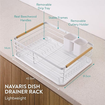 Navaris Dish Drainer Rack - Plate, Silverware, Pots and Pans - Dish Rack with Beechwood Handles - Metal Dish Drying Rack for Kitchen Counter - Modern Retro Design Dish Rack - White - Image 3