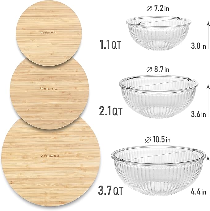 Stackable Space-Saving Nesting Set of 3 Glass Bowls with Bamboo Lids for Foodprep, Storage, Mixing & Cooking - Microwave & Oven Safe BPA Free Durable Heat Resistant Inert Borosilicate Glass - Image 2