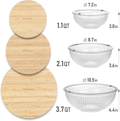 Stackable Space-Saving Nesting Set of 3 Glass Bowls with Bamboo Lids for Foodprep, Storage, Mixing & Cooking - Microwave & Oven Safe BPA Free Durable Heat Resistant Inert Borosilicate Glass - Image 2