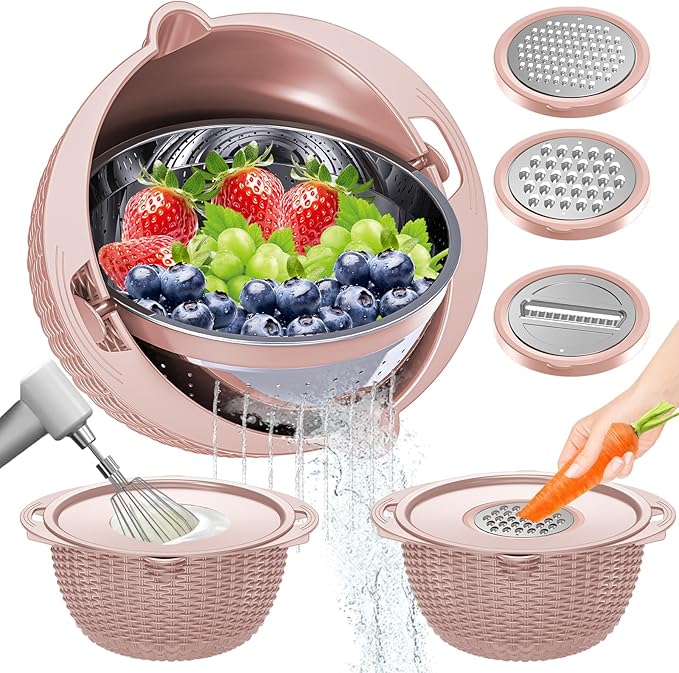 4-1 Strainer Bowl with Lid Set - Strainers and Colanders, Colander for Kitchen, Pasta Strainer, Fruit Cleaner, Veggie Wash, Funny Kitchen Present, Fruit Washing Bowl, Cooking Present for Women - Pink by UTTKOJ