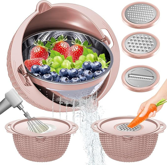 4-1 Strainer Bowl with Lid Set - Strainers and Colanders, Colander for Kitchen, Pasta Strainer, Fruit Cleaner, Veggie Wash, Funny Kitchen Present, Fruit Washing Bowl, Cooking Present for Women - Pink by UTTKOJ