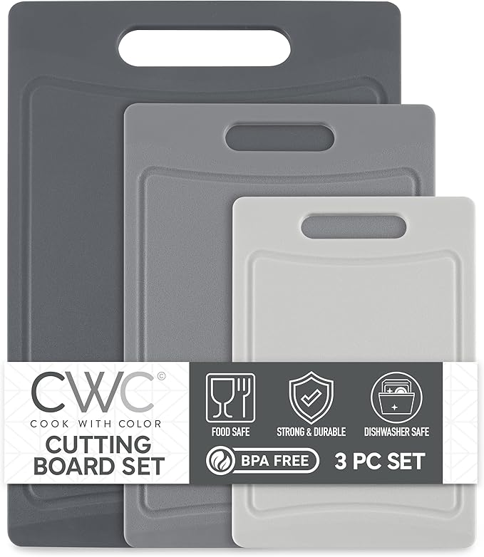 COOK WITH COLOR Non-Slip Cutting Board Set – Kitchen Essentials with Easy Grip Handle for Meat, Veggies, and Fruits, 3 Cutting Boards, Gray by CookwithColor