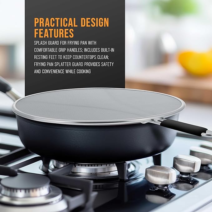 U.S. Kitchen Supply 3-Piece Stainless Steel Splatter Guard Set (13", 11.5", 9.5") Fine Mesh Cover, Grease & Oil, Splatter Screen for Frying Pan, Cooking Pots, with Resting Feet & Comfort Grip Handles - Image 4