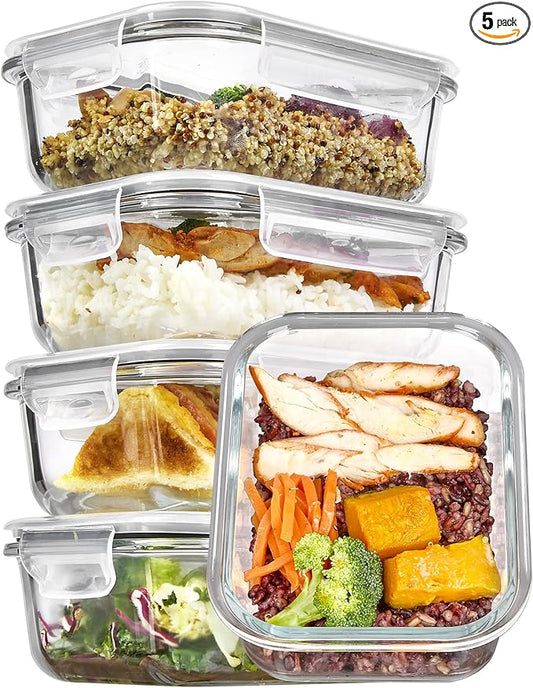 Vtopmart 5Pack 22oz Glass Storage Containers with Lids, Glass Meal Prep Food Container Sets with Snap Airtight Lids for Microwave, Oven, Freezer and Dishwasher, Grey by Vtopmart