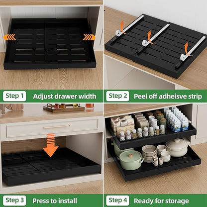 PAKETA 4 Pack Expandable Pull Out Cabinet Organizer, 21'' Deep Pull Out Drawers for Cabinets, Upgrade 3 Slide Rails Sliding Drawers for Cabinet with Adhesive Nano Film (Black, 21"D X 15-26"W ） - Image 6