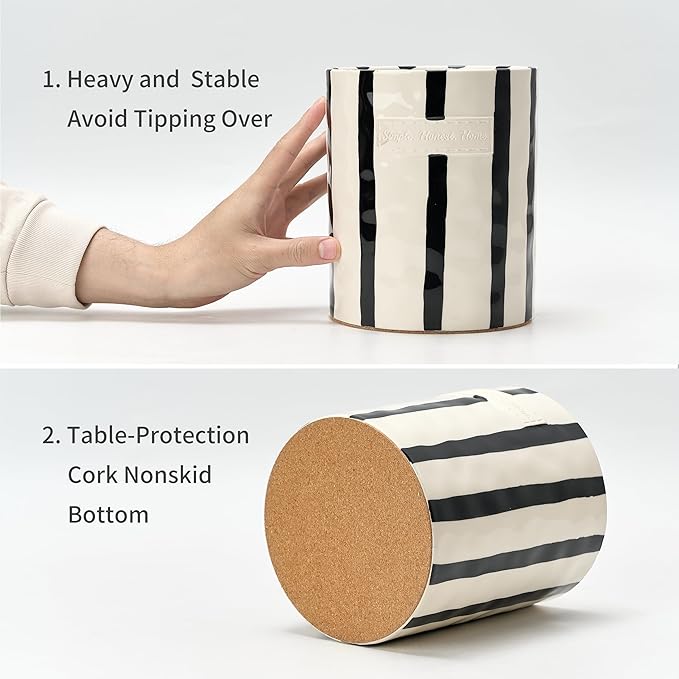 JIEMEI HOME Kitchen Utensil Holder, 7.2" Ceramic Stable Utensil Crock for Countertop, Modern Minimalism Style Cooking Tool Organizer with Cork Mat, Spatula Holder For Kitchen Decor, Black stripes - Image 5