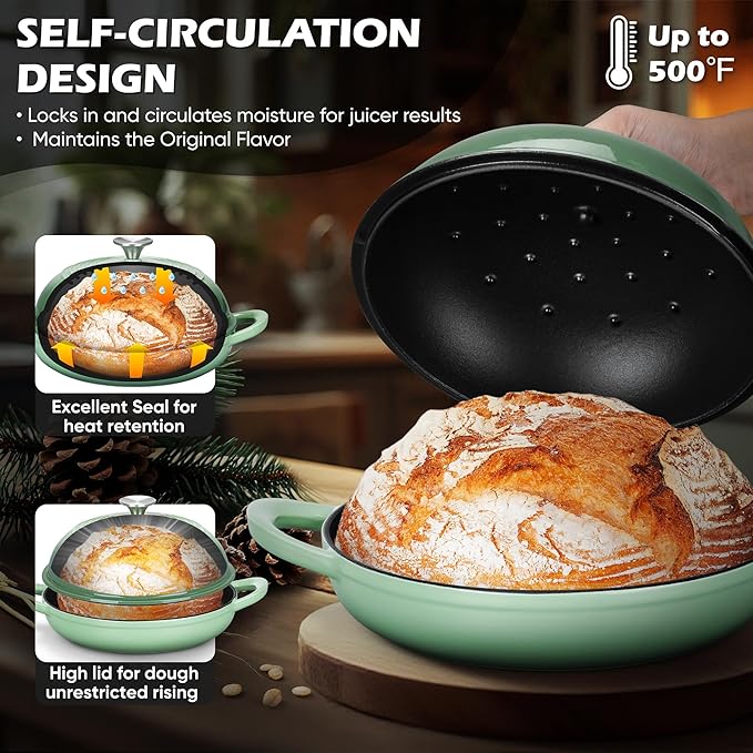 Bread Dutch Oven for Sourdough Baking (5.5 QT), Joyfair Enameled Cast Iron Dutch Oven Pot with Lid, Sourdough Bread Pan with Dual Handles, Non-Stick & Even Heat, Oven-safe up to 500°F, Pistachio Green - Image 3