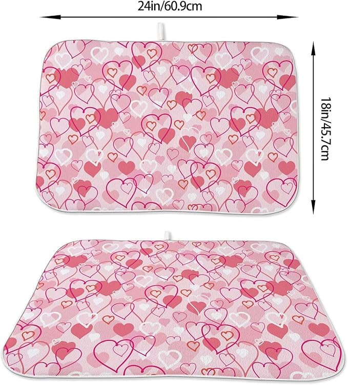 Valentines Day Dish Drying Mat 18 x 24 inch Pink Love Hearts Decorative Drying Mats Microfiber Absorbent Romantic Dish Washable Draining Mat for Kitchen Counter Decor