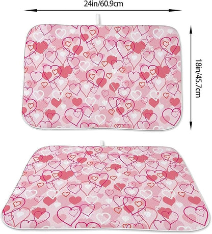 Valentines Day Dish Drying Mat 18 x 24 inch Pink Love Hearts Decorative Drying Mats Microfiber Absorbent Romantic Dish Washable Draining Mat for Kitchen Counter Decor