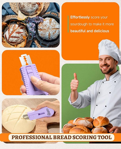 Bread Scoring Tool for Sourdough, Magnetic Bread Lame with 5 Stainless Steel Blades, Ergonomic ABS Handle, Perfect for Artisan Breads, Baguettes, and Dough Scoring, Ideal for Bakers (Purple)
