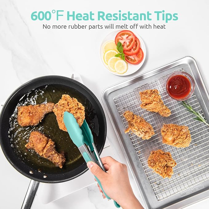 600ºF Heat Resistant Kitchen Tongs: U-Taste 9 inch Silicone Cooking Tong with Firm Sealed Non Stick Rubber Tips & Silicon Coated 18/8 Stainless Steel Handle & Smooth Locking for Serving Salad-Aqua Sky - Image 3