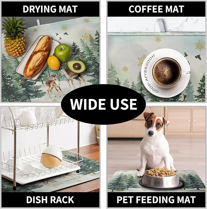 Reindeer Tree Snowflakes Christmas Dish Drying Mats for Kitchen Counter 18x24 Inch Winter Forest Dish Drainer Mats Absorbent Reversible Dish Draining Microfiber Dishes Drying Pad - Image 7