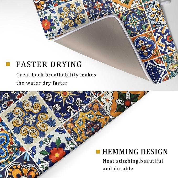 Talavera Mexican Tiles Dish Drying Mat for Kitchen Counter 16x18 Inch Mexican Flower Decorations Dish Draining Mat Mexican Tilt Fast Absorbent Tableware Dishes Pad for Coffee Bar Countertop