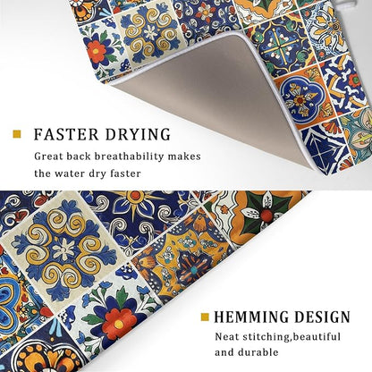 Talavera Mexican Tiles Dish Drying Mat for Kitchen Counter 18x24 Inch Mexican Flower Decorations Dish Draining Mat Mexican Tilt Fast Absorbent Tableware Dishes Pad for Coffee Bar Countertop