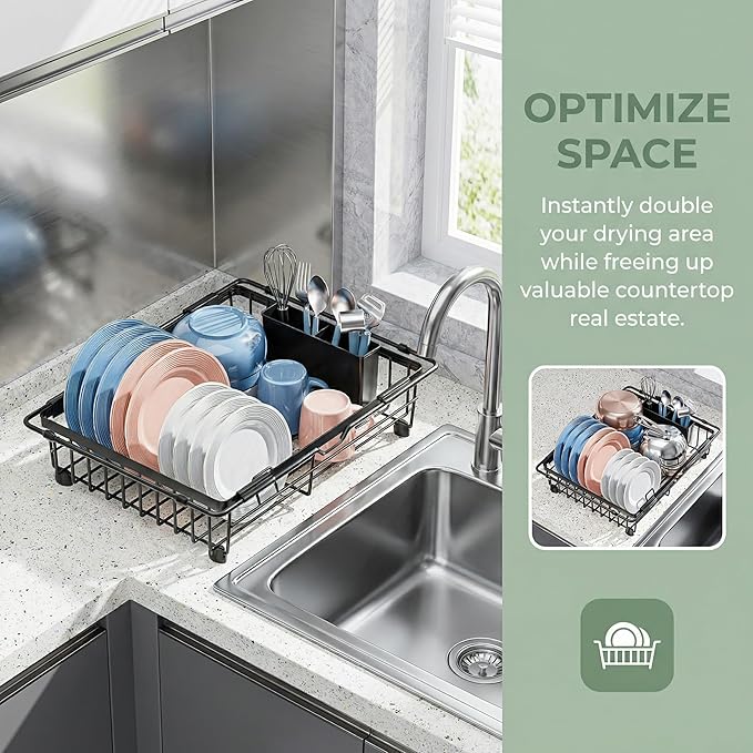 Expandable in Sink Dish Drying Rack - Adjustable Capacity Over The Sink Dish Drainer Drying Rack with Utensil Holder for Kitchen Counter, Drying Rack for Small Space,14.37“-21.06”L x 11.81“W x 3.74”D - Image 5