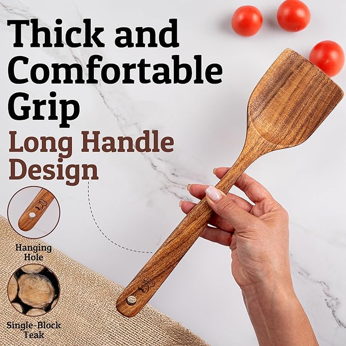 PriorityChef Premium Teak Flat Wooden Spatula for Cooking - Long Handle Wooden Wok Spatula, Flat Wood Turner for Stir Fry, Wood Teak for Nonstick Pans, Kitchen Cooking Utensil