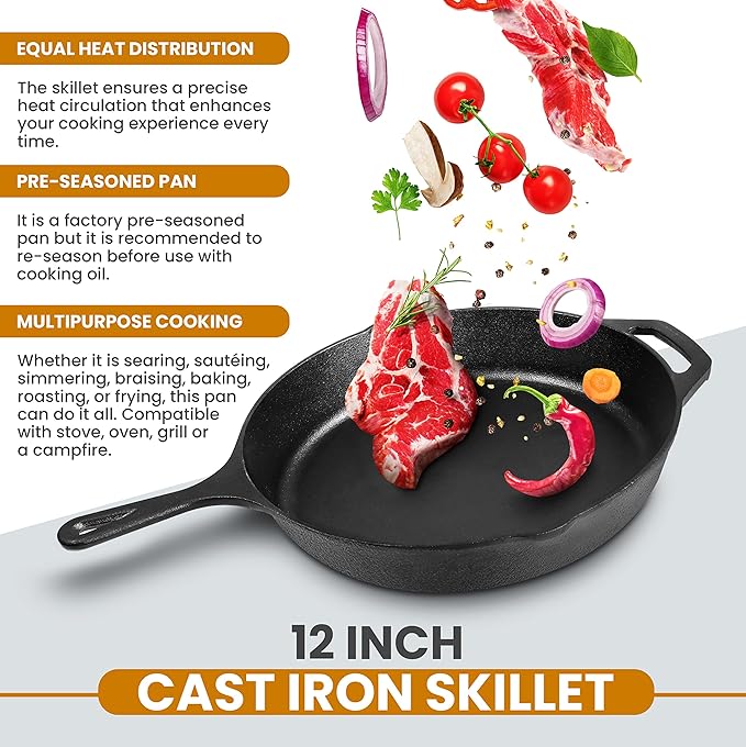 Utopia Kitchen Premium Saute Frying Pan 12 Inch, Cast Iron Chefs Pan, Pre Seasoned Cast iron Skillet With Lid, Safe Grill Cookware for Indoor & Outdoor Use, Black - Image 4