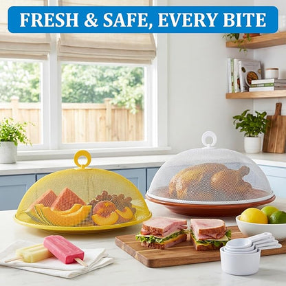 Foaincore 8 Pcs Metal Mesh Food Covers Tent Umbrella 11 Inch Outside Mesh Food Net Tents Dome Screen Plate Covers for Outdoor Picnic Camping Keep out Flies Bugs Mosquitoes (Yellow, White, Pink, Blue)
