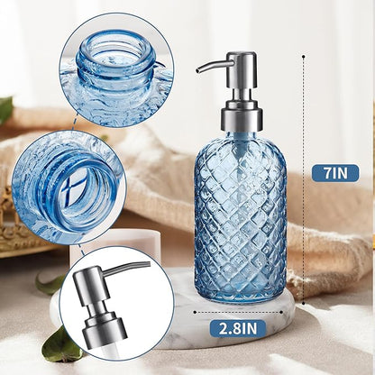 14 Oz Refillable Glass Soap Dispenser with Rust Proof Stainless Steel Pump, for Dispense Hand soap, Body wash, Lotion (Blue)