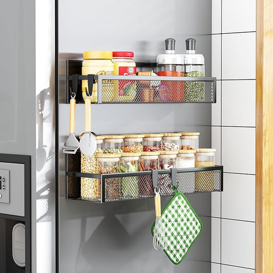Aufworld Magnetic Spice Rack for Refrigerator, 2 Pack Magnetic Shelf, Fridge Magnet Organizer with Moveable 4 Hooks, Magnetic Fridge Shelf for Kitchen Organization and Storage (2 Pack) by Unknown